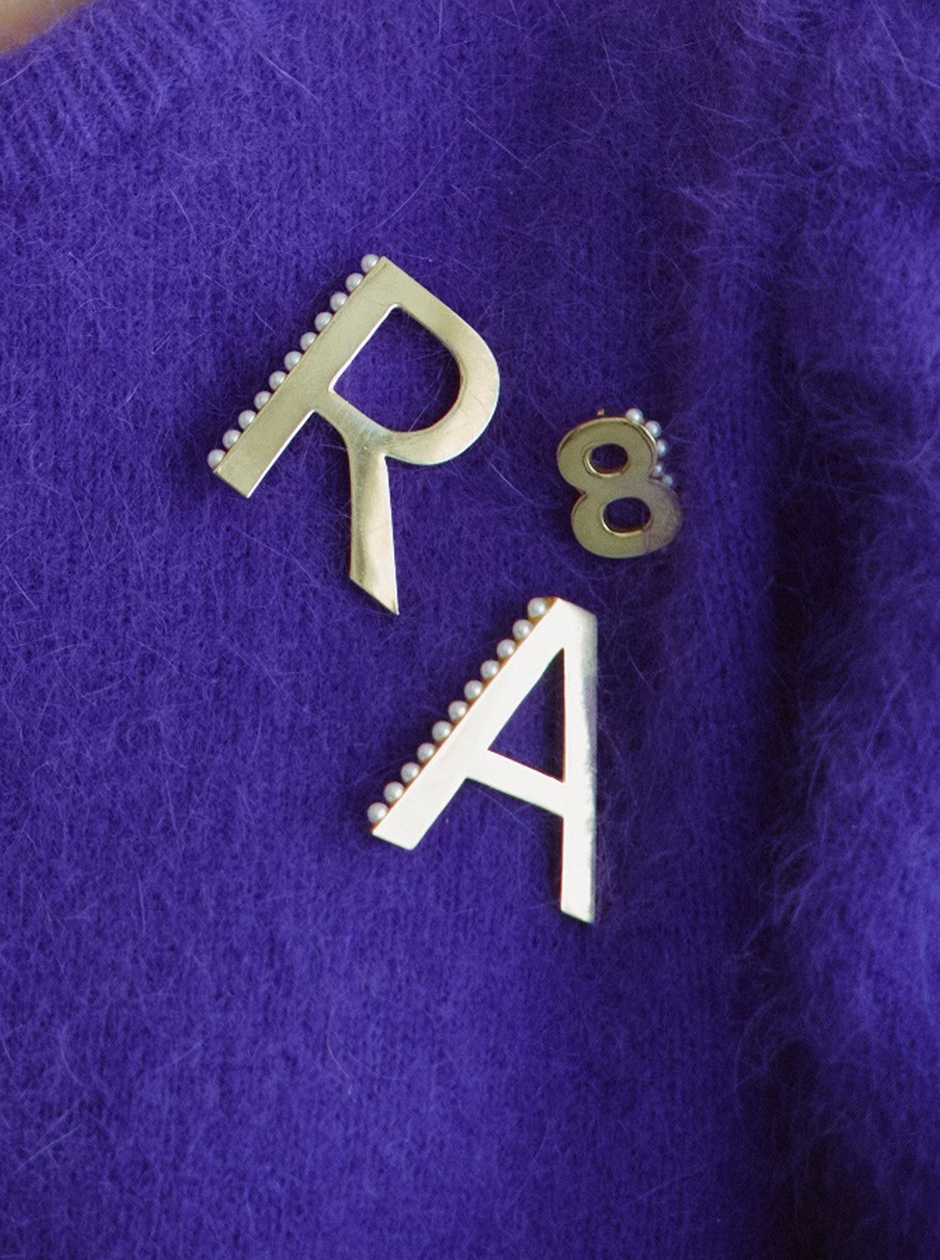 Personalized initial and number brooches with pearl dots