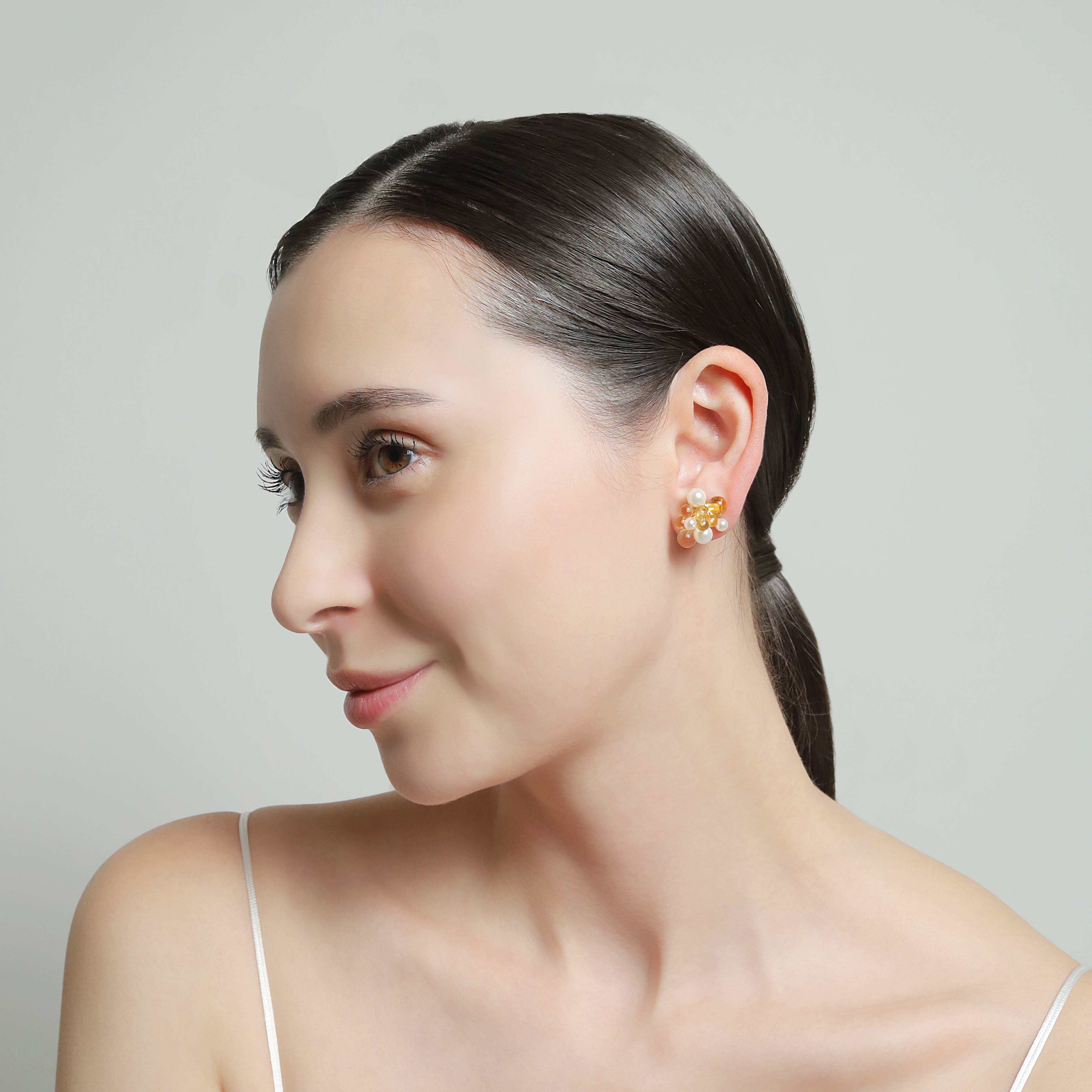 シトリンパールミックスフラワーフリンジピアス（ゴールド） | STELLAR